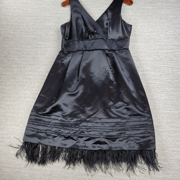Max and Cleo Maralin Satin Dress Womens 12 Black Feathers Holiday Cocktail - Picture 8 of 16